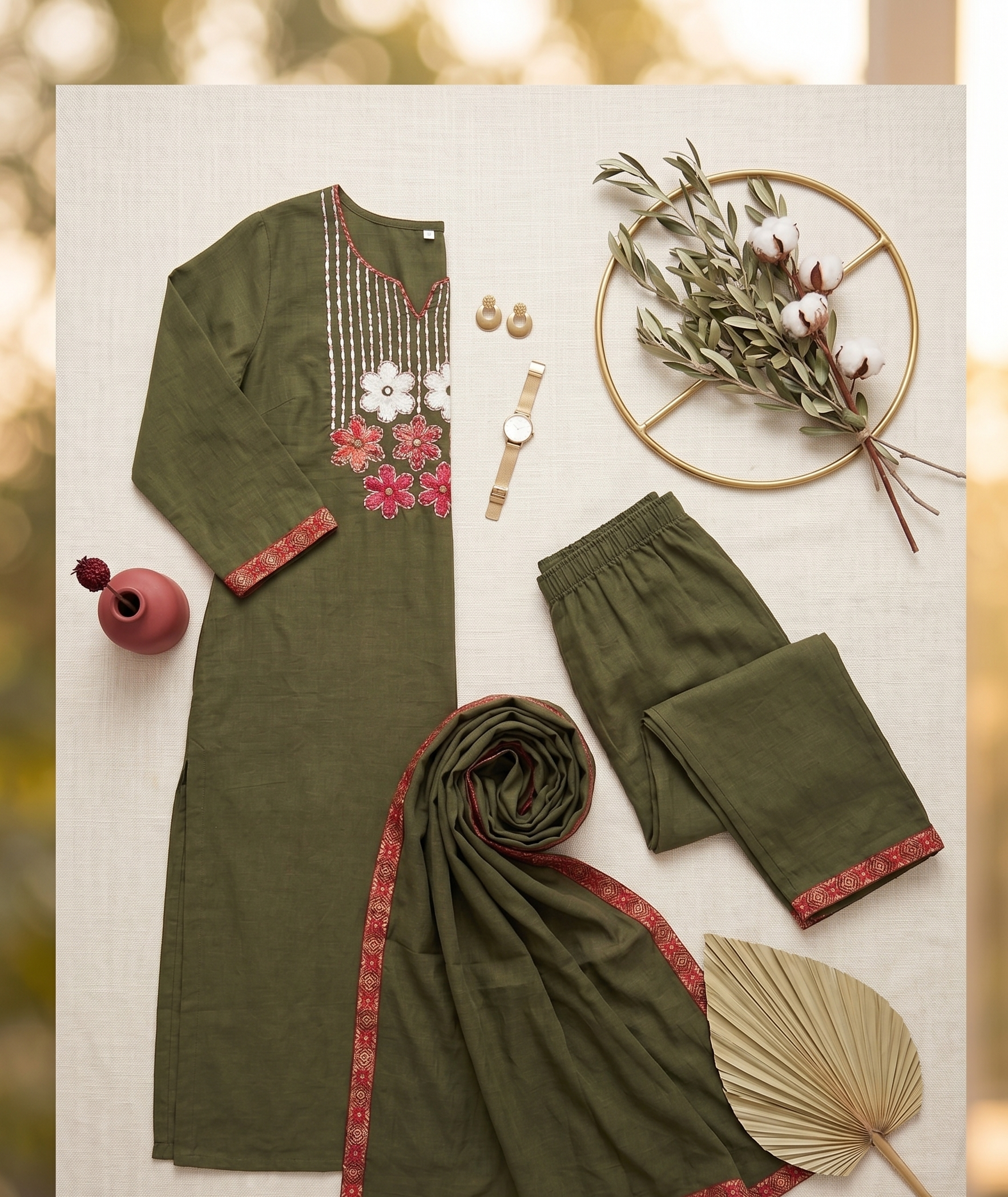 Olive Green Embroidered Straight Kurta Pant Set with Dupatta