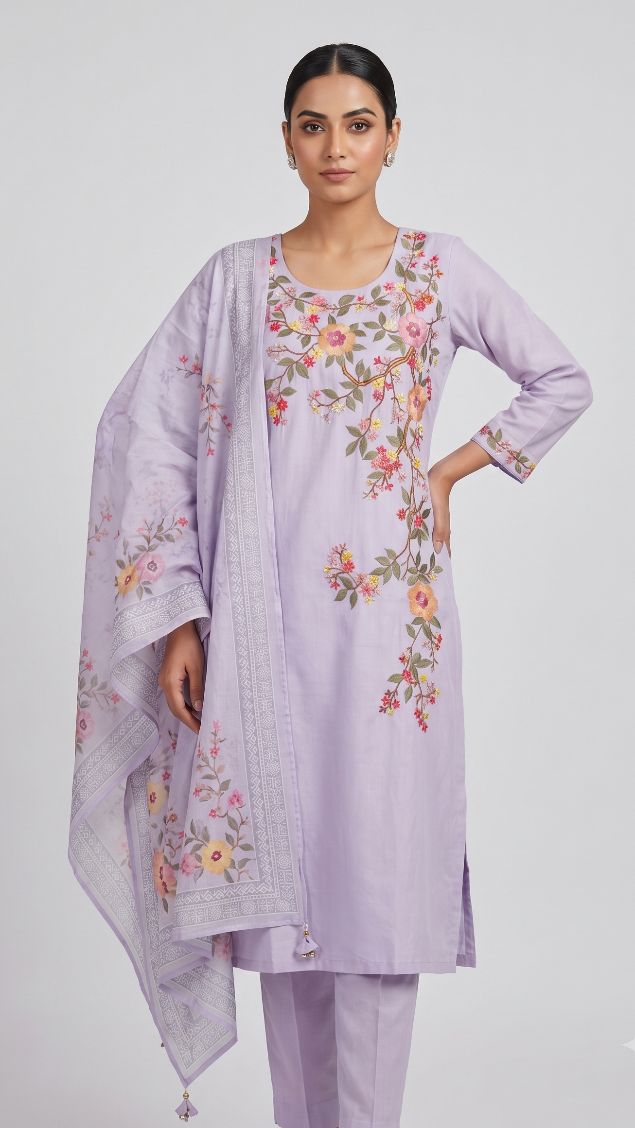 Lavender Bloom Floral Embroidered Kurta Paint Duppata Set