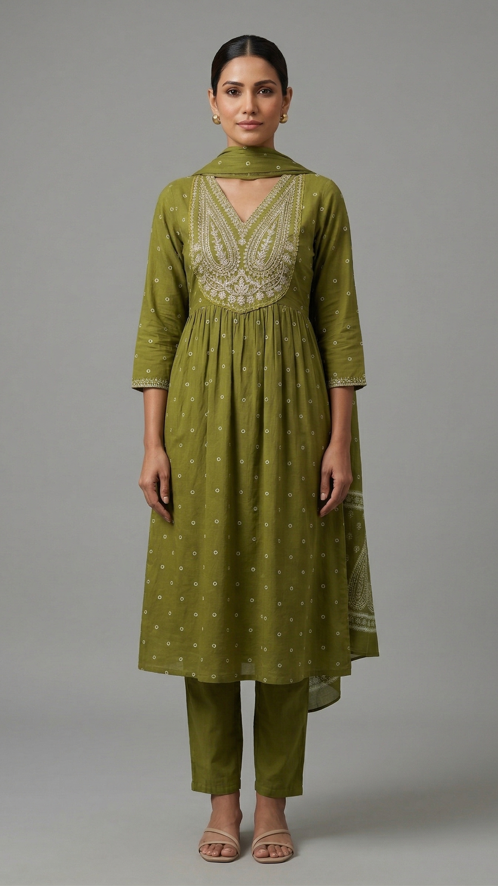 Olive Green Embroidered A-Line Kurta Suit Set
