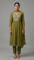 Olive Green Embroidered A-Line Kurta Suit Set