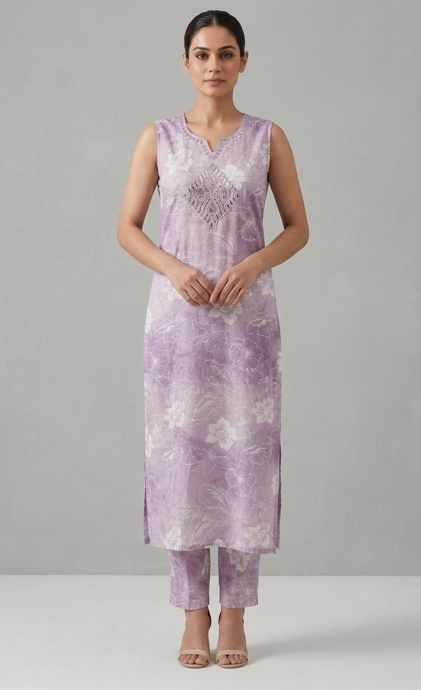 Lavender Tie-Dye  Sleevless Kurti Paint Set with Diamond Yoke Embroidery