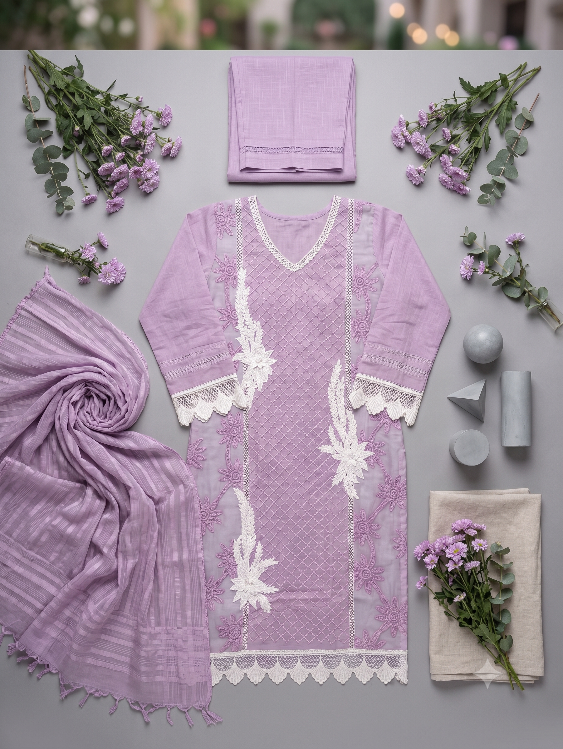V-Neck Embroidered Straight Suit Set