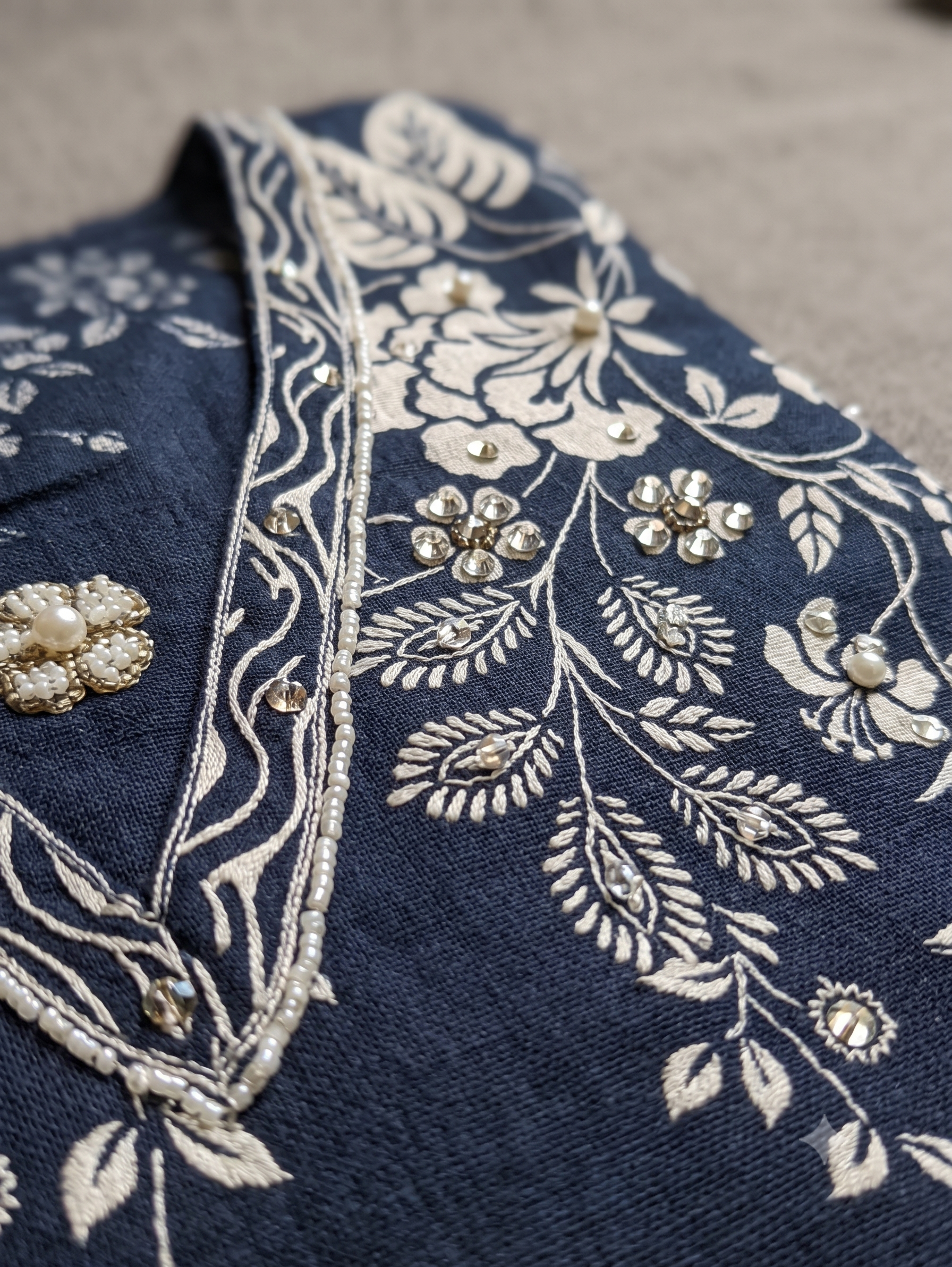 Navy Blue Floral Embroidered Kurti and Palazzo Set