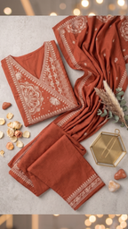 Terracotta Bloom Thread-Work Gathered A-line Kurta Set