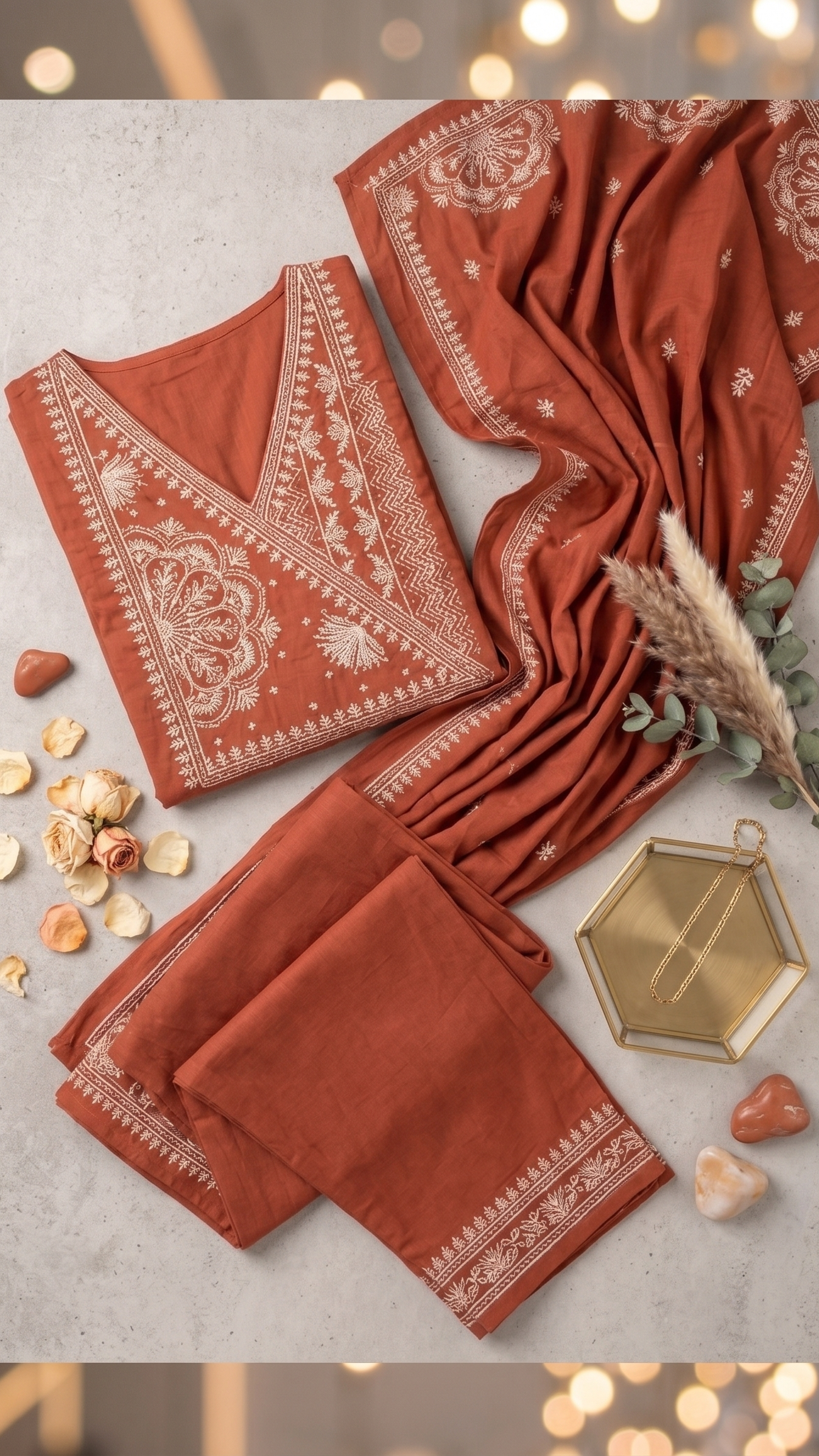 Terracotta Bloom Thread-Work Gathered A-line Kurta Set