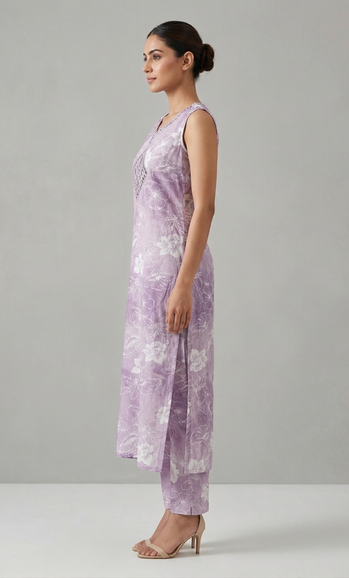 Lavender Tie-Dye  Sleevless Kurti Paint Set with Diamond Yoke Embroidery