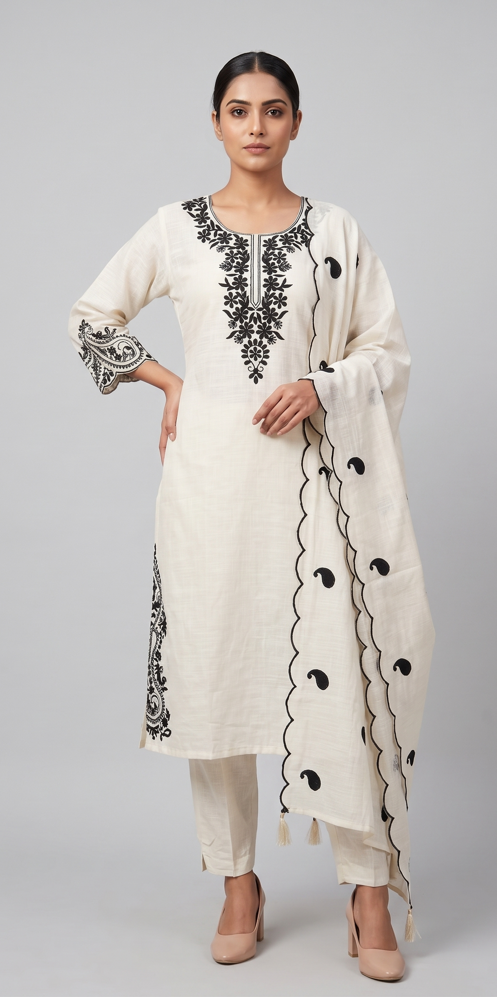 Off-White and Black Embroidered Straight Kurta Set with Scalloped Dupatta