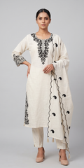 Off-White and Black Embroidered Straight Kurta Set with Scalloped Dupatta