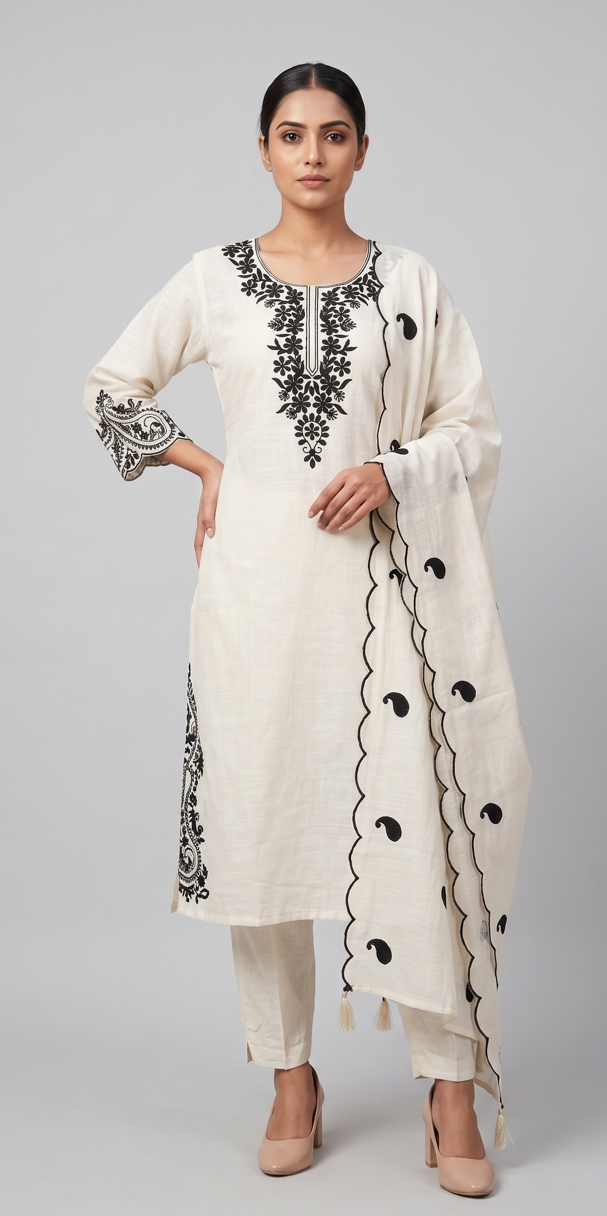 Off-White and Black Embroidered Straight Kurta Set with Scalloped Dupatta