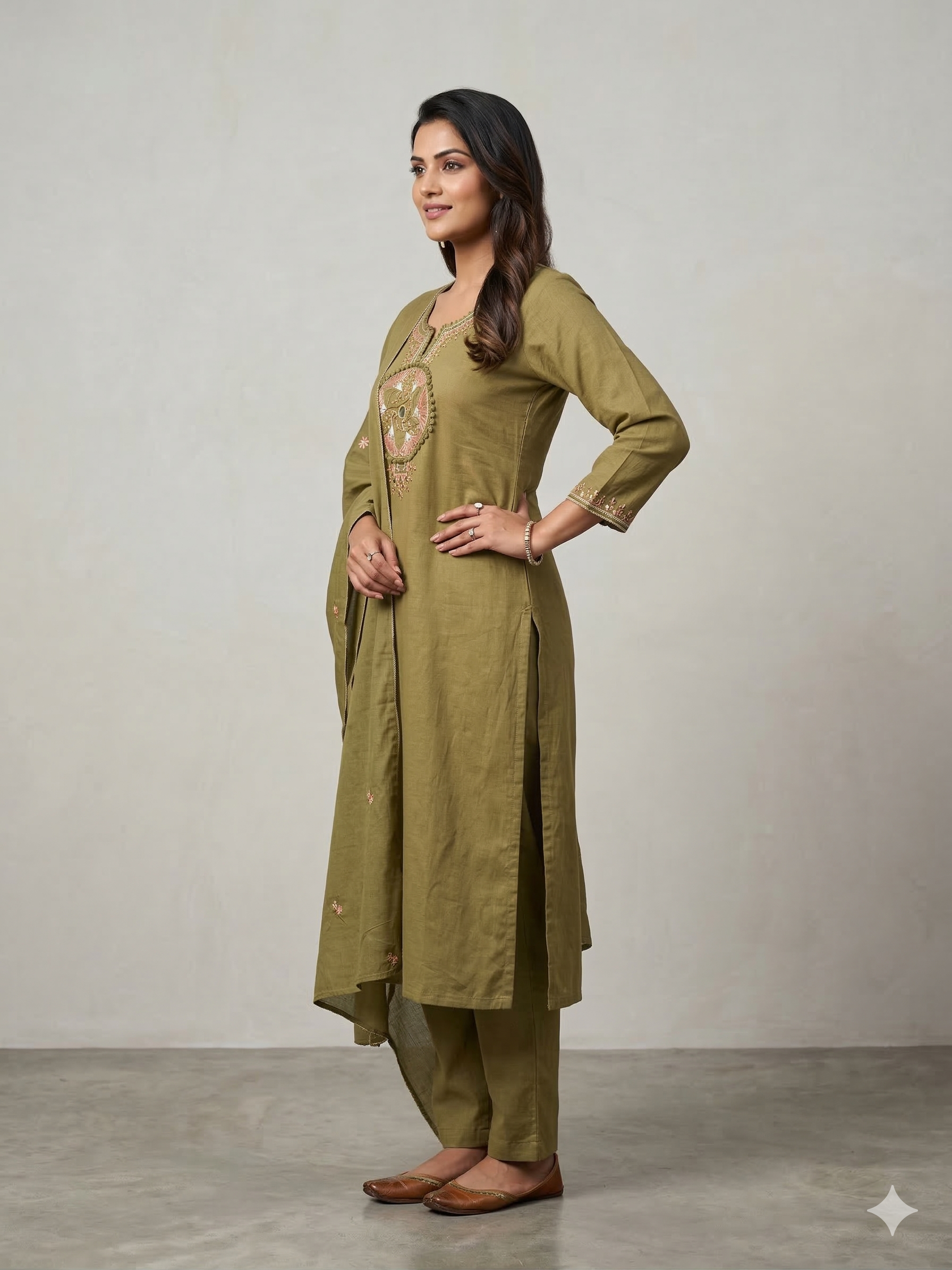 Green Mul Cotton Embroidery Kurtii Paint Duppata Set