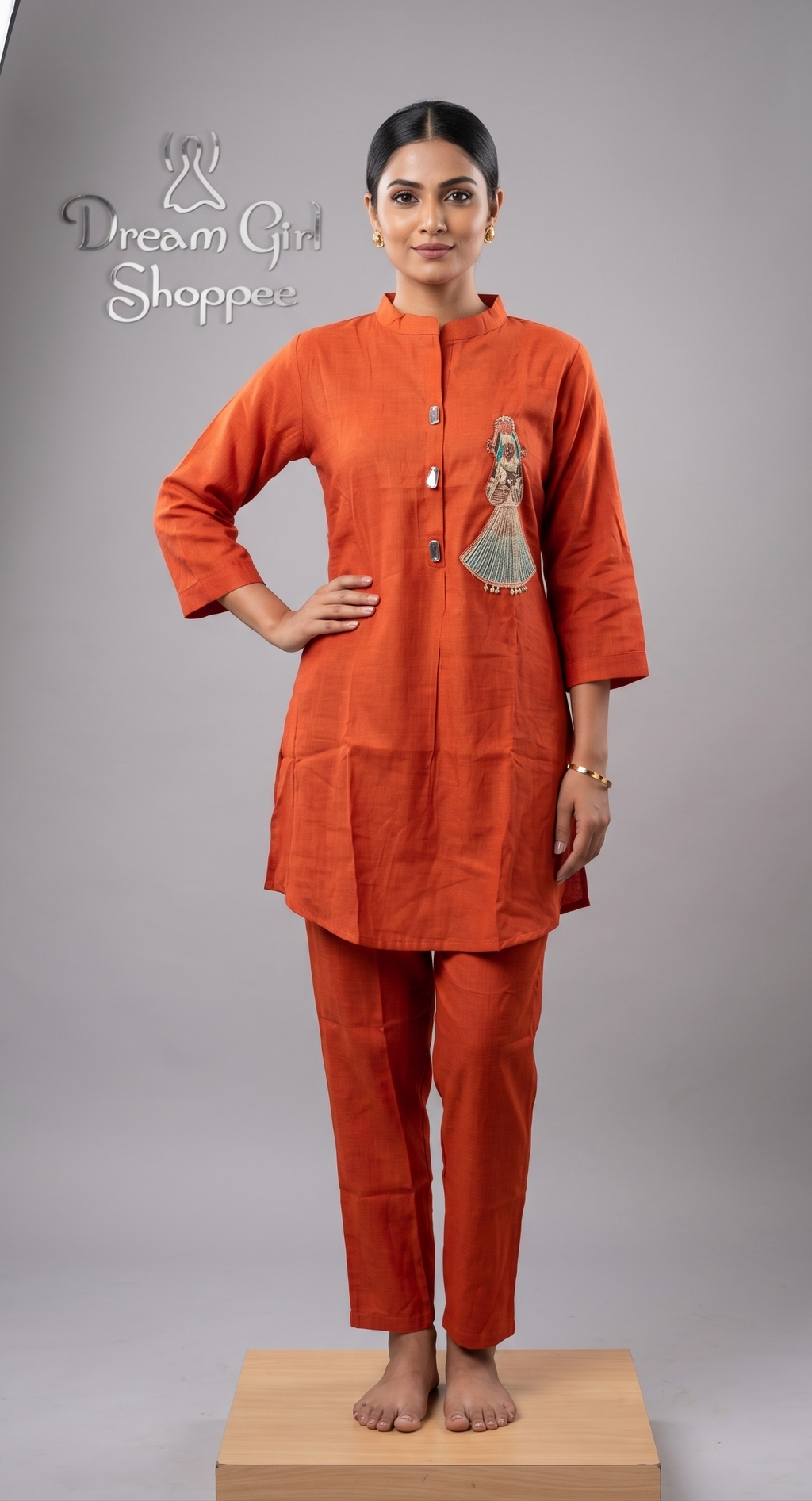 Terracotta Orange Textured Cotton Kurta Pant Set with Artistic Embroidery