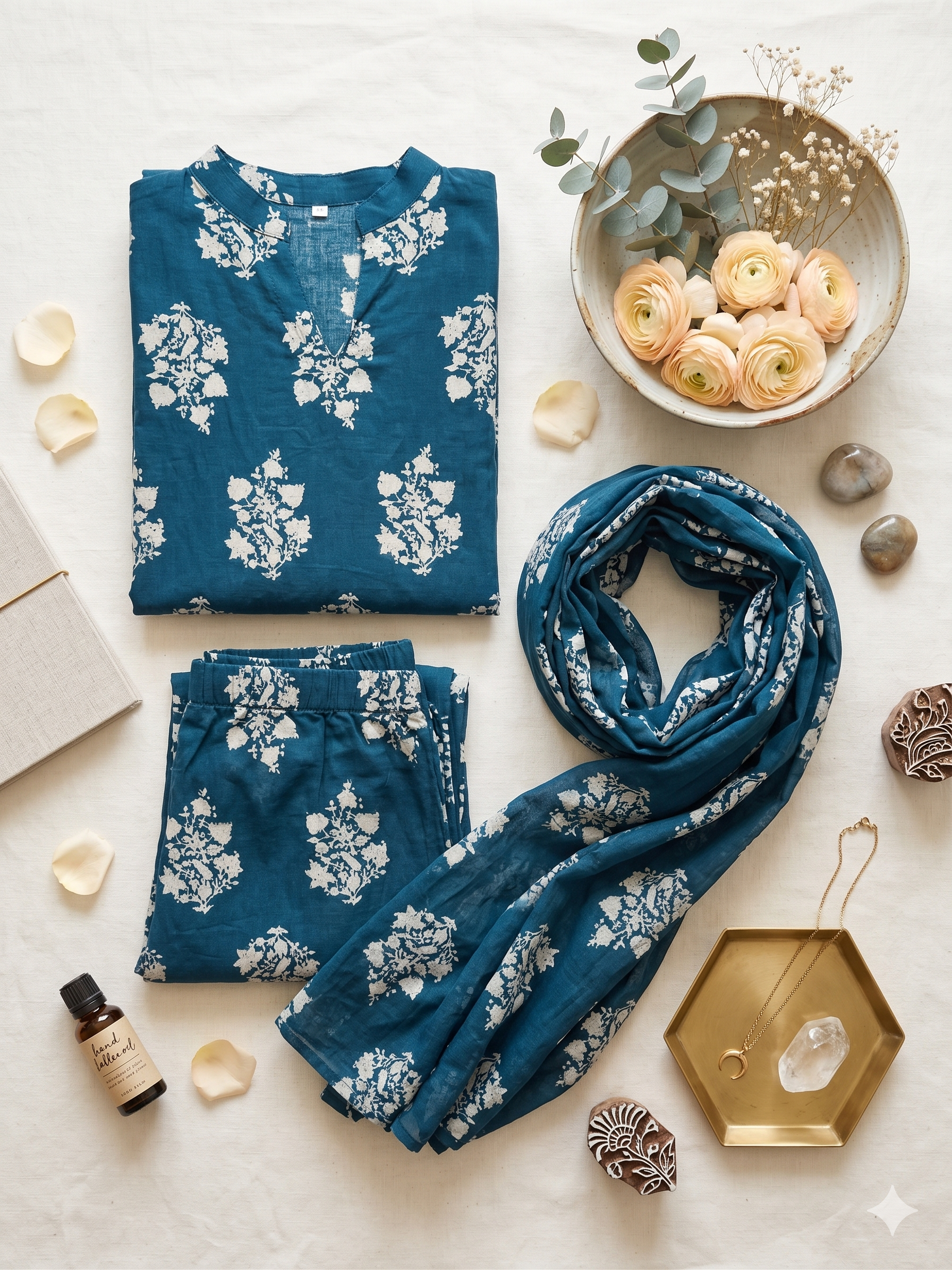 Ocean Teal Floral Block Print Kurta Set