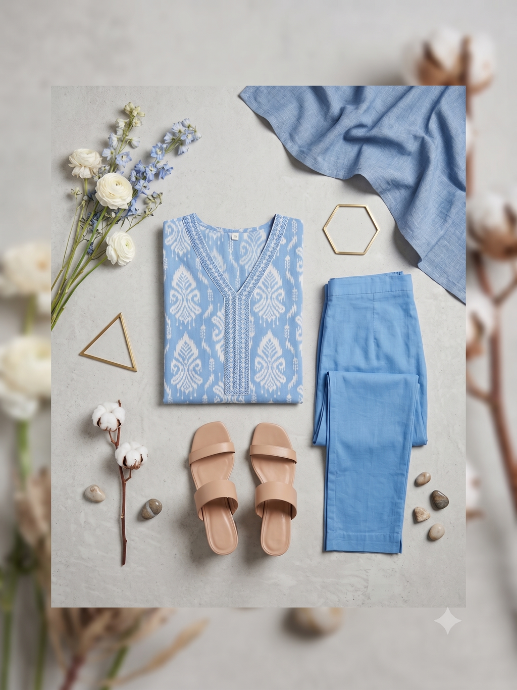 Sky Blue Ikat Print Embroidered V-Neck Kurti Pant Set