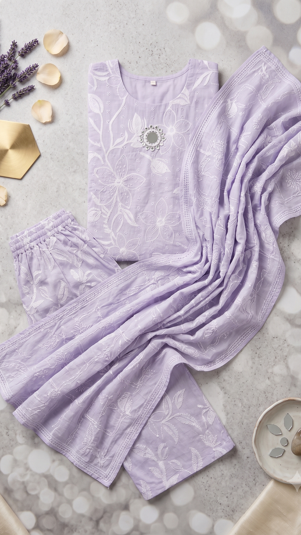 Lilac Bloom Embroidered Kurta Set with Mirror Detail
