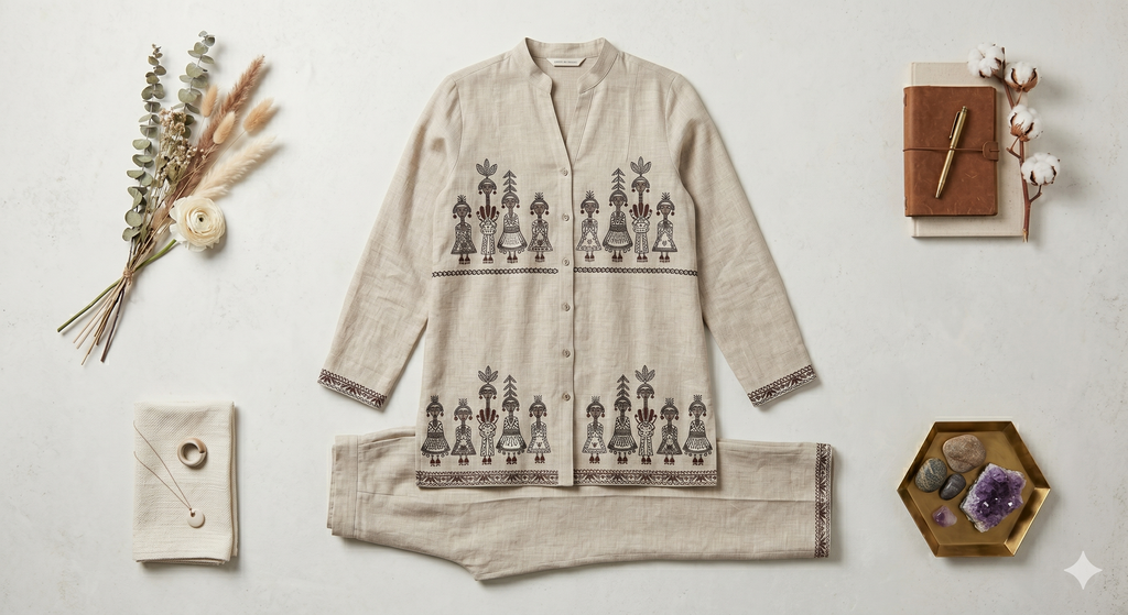 Sandstone Folk Art Motif Button-Down Co-ord Set