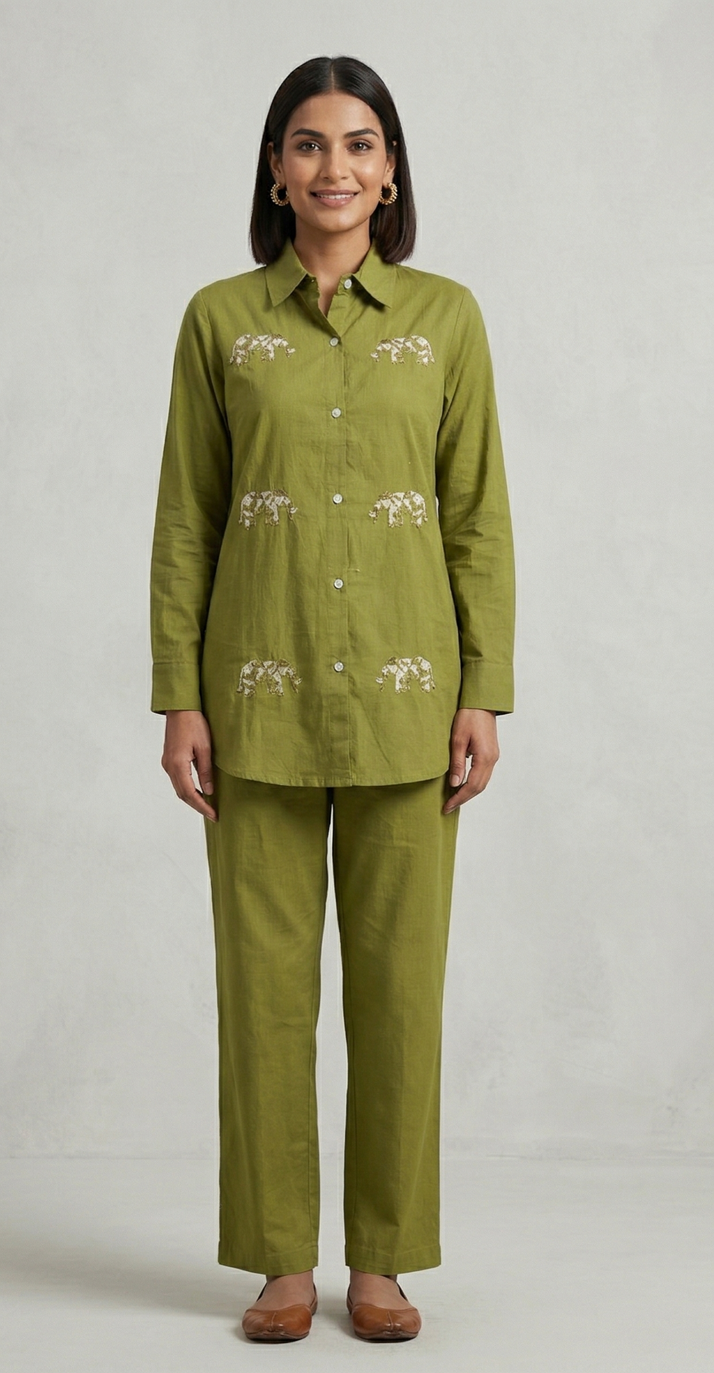 Olive Green Elephant Embroidered Co-ord Set