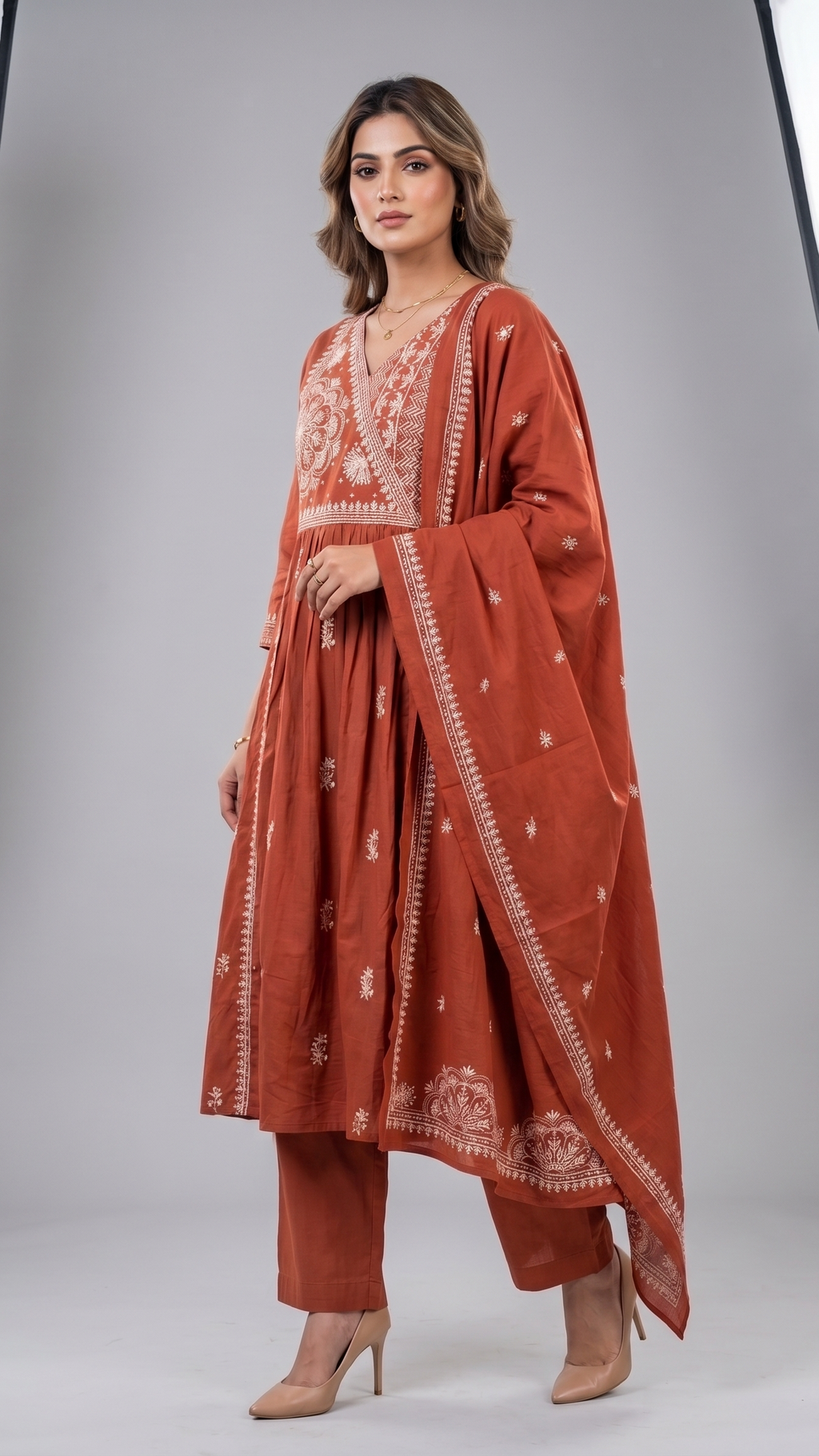 Terracotta Bloom Thread-Work Gathered A-line Kurta Set
