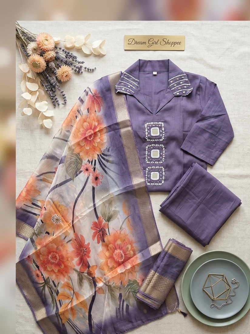 Lavender Collared Kurta Set with Floral Organza Dupatta