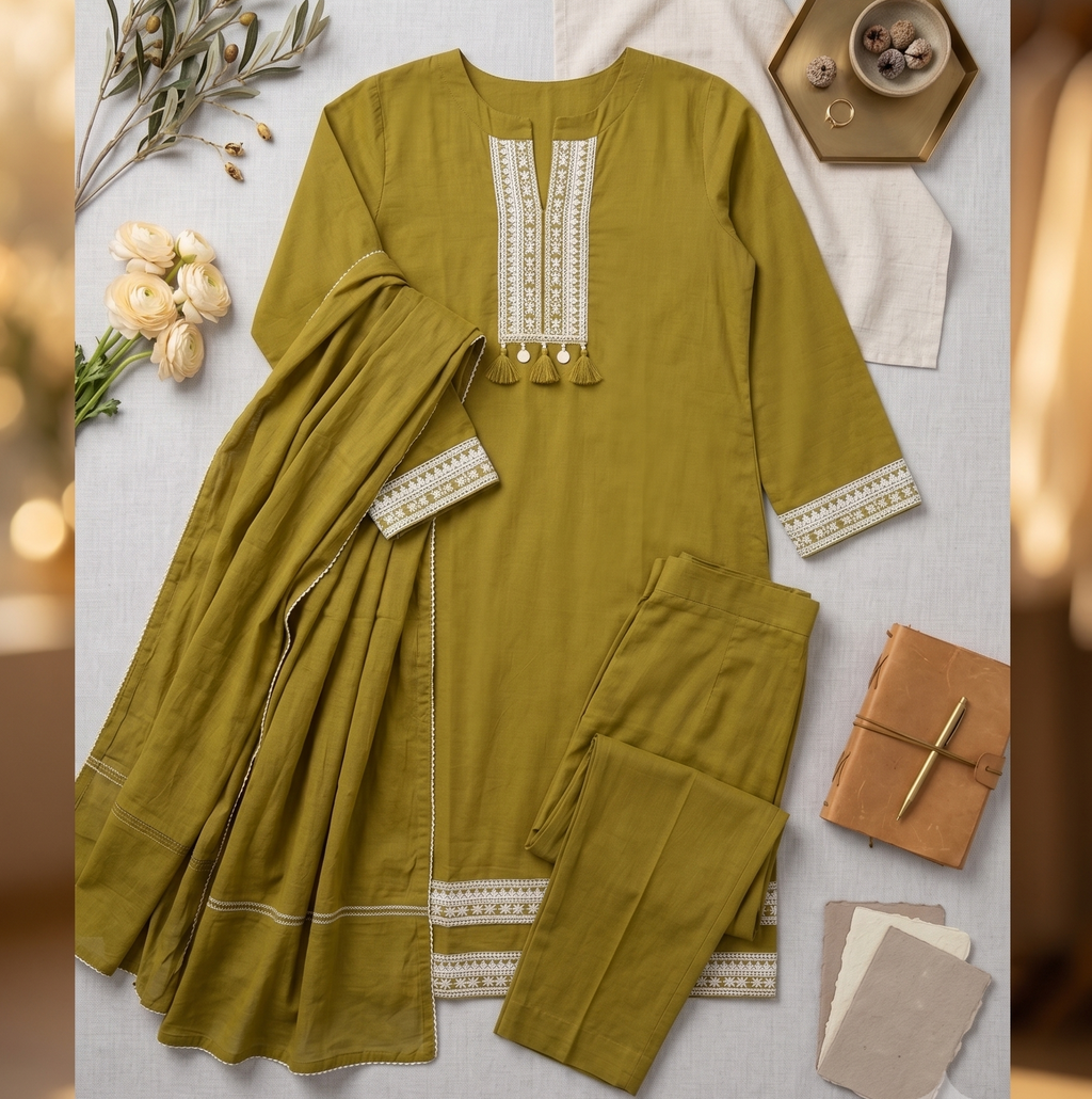 Mustard Olive Green Cotton Kurta Pant Set with Embroidered Yoke