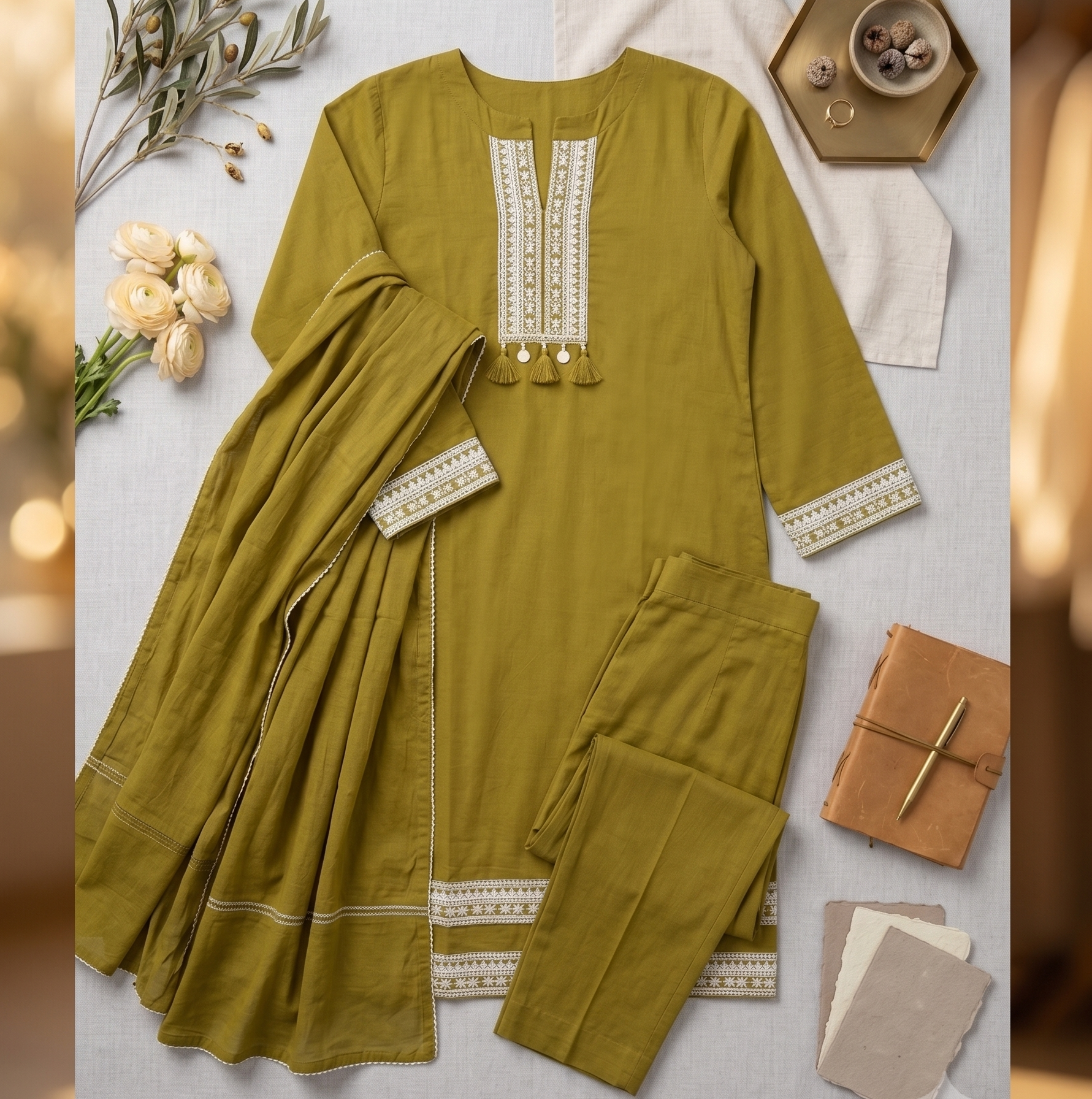 Mustard Olive Green Cotton Kurta Pant Set with Embroidered Yoke