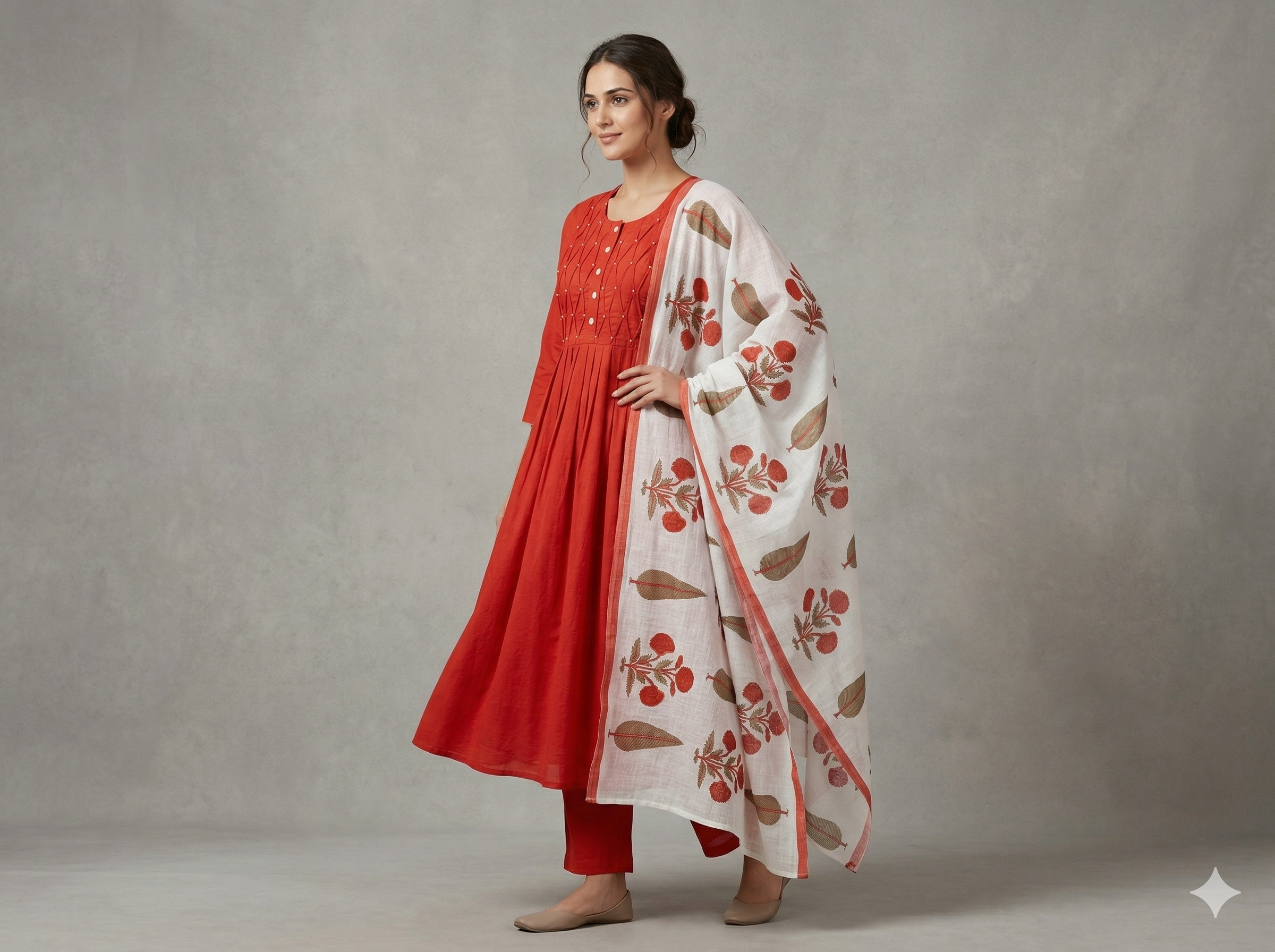 Vermilion Pintuck Anarkali Set with Botanical Dupatta