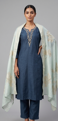 Indigo Blue Embroidered Chanderi Kurta Set with Mint Floral Dupatta