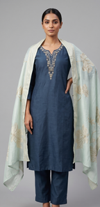 Indigo Blue Embroidered Chanderi Kurta Set with Mint Floral Dupatta