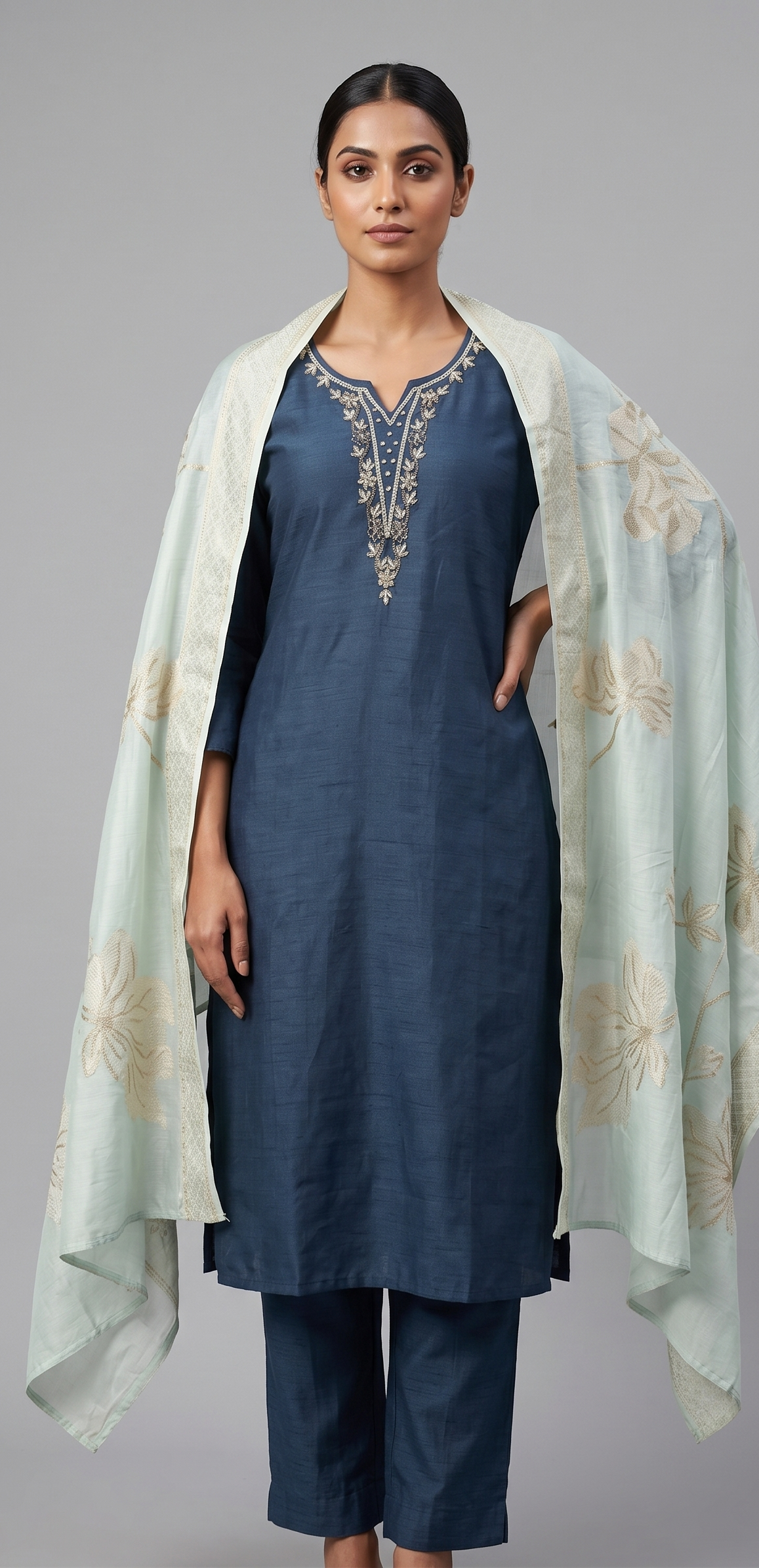 Indigo Blue Embroidered Chanderi Kurta Set with Mint Floral Dupatta