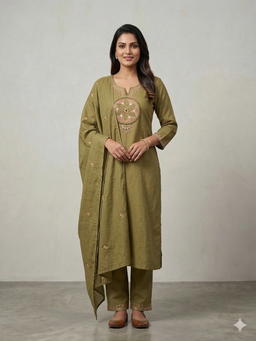 Green Mul Cotton Embroidery Kurtii Paint Duppata Set