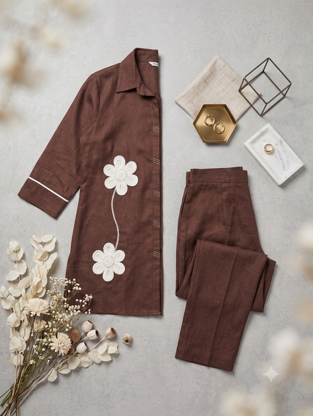 Chocolate Brown Floral Appliqué Shirt and Trouser Co-ord Set