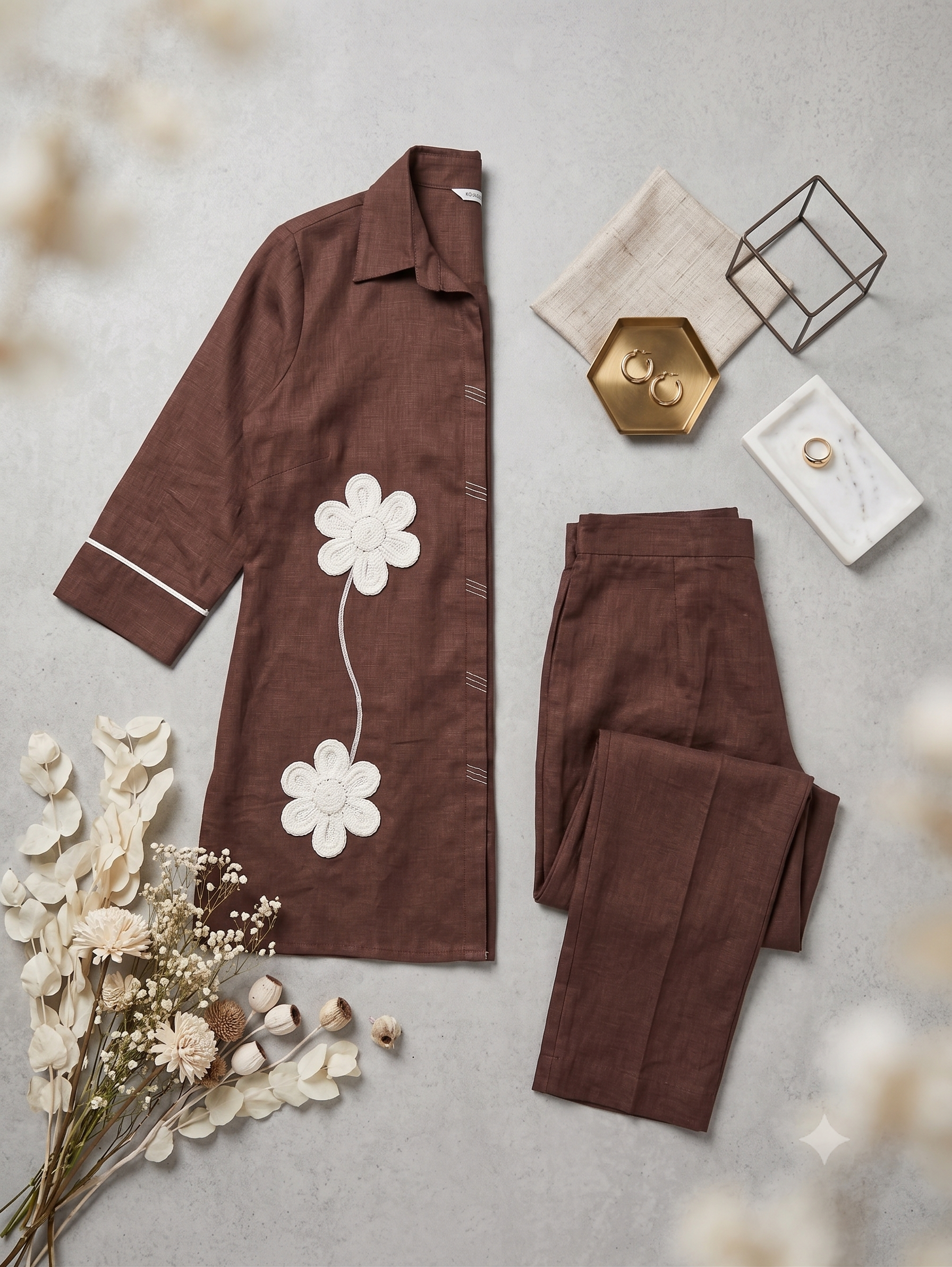 Chocolate Brown Floral Appliqué Shirt and Trouser Co-ord Set