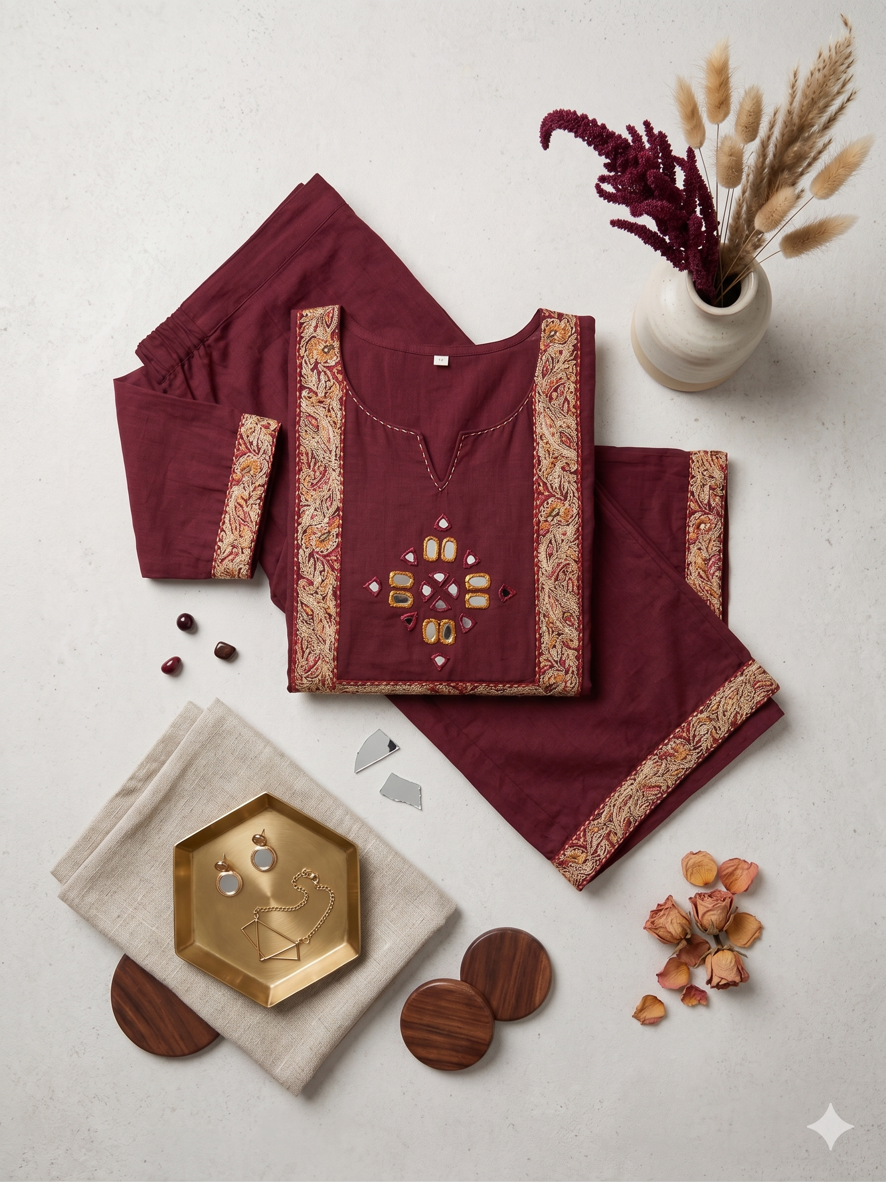 Crimson Red Mirror-Work Yoke Co-ord Set