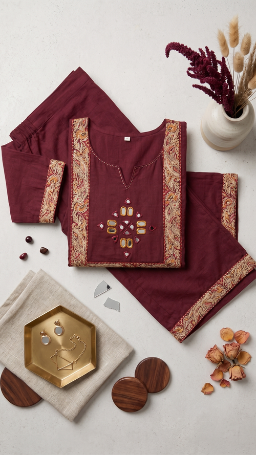 Crimson Red Mirror-Work Yoke Co-ord Set