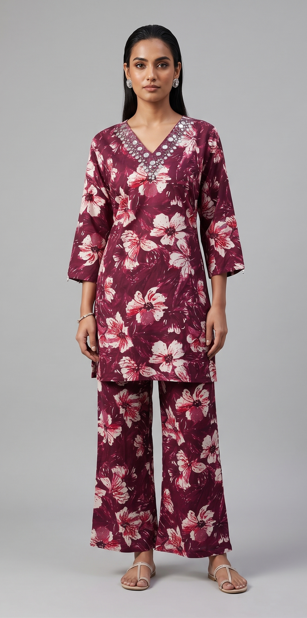 Wine Floral Printed Co-ord Set with Embroidered Neckline