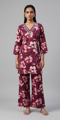 Wine Floral Printed Co-ord Set with Embroidered Neckline