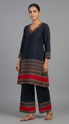 Midnight Navy Embellished V-Neck Kurta Set