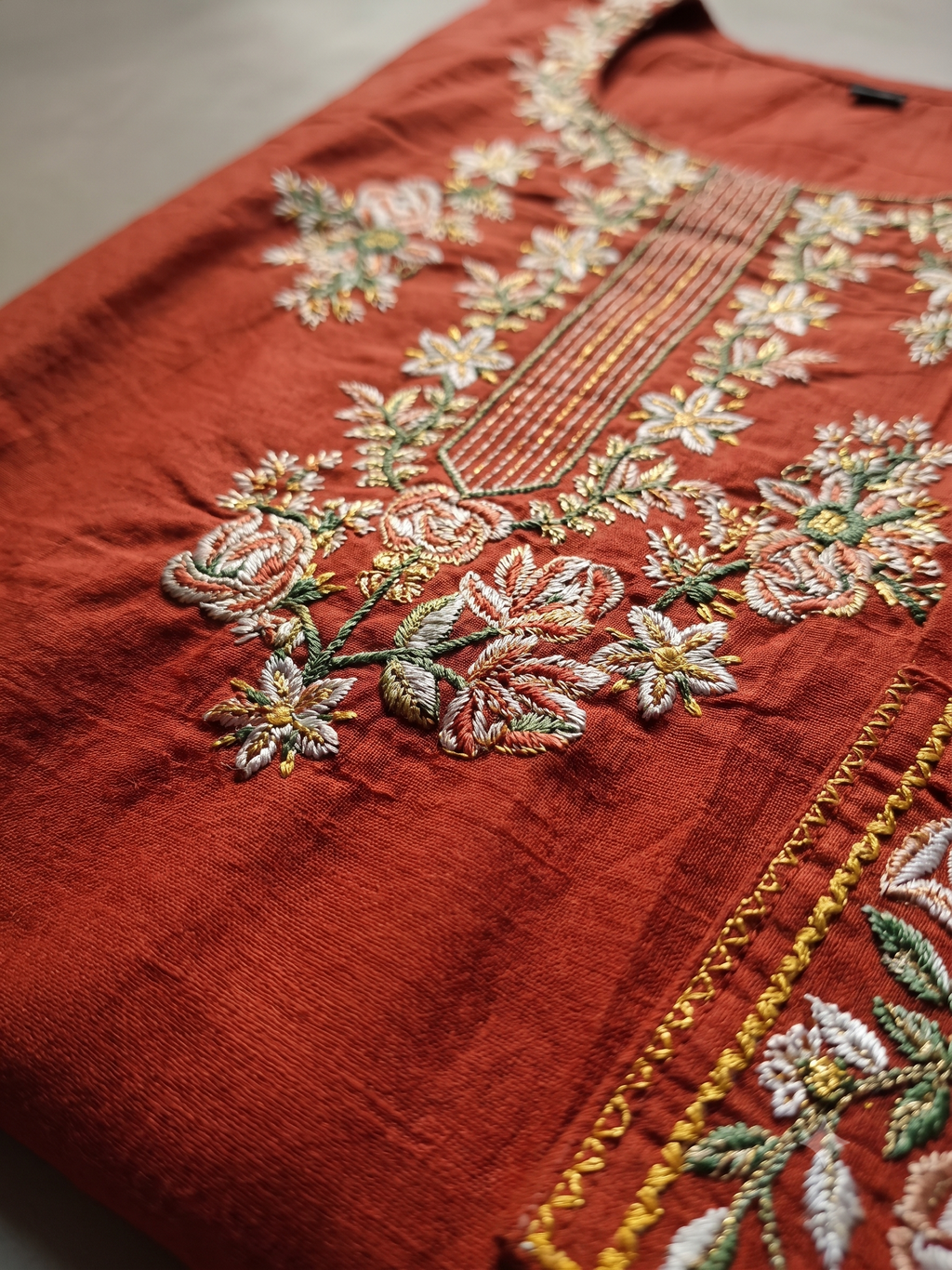 Brick Red Embroidered  Pure Cotton Kurta Set with Wide-Leg Palazzo and Dupatta