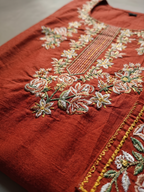 Brick Red Embroidered  Pure Cotton Kurta Set with Wide-Leg Palazzo and Dupatta