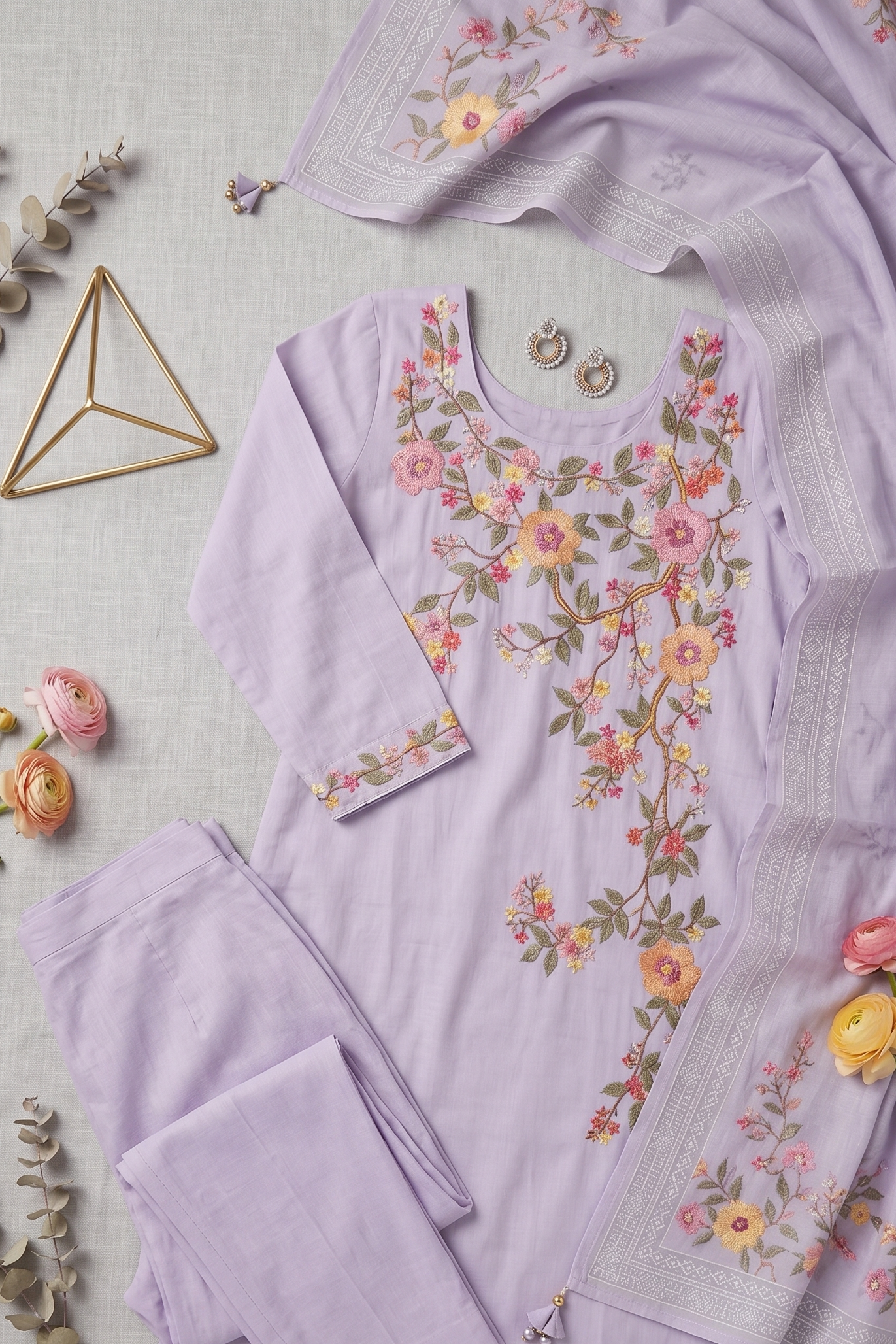Lavender Bloom Floral Embroidered Kurta Paint Duppata Set