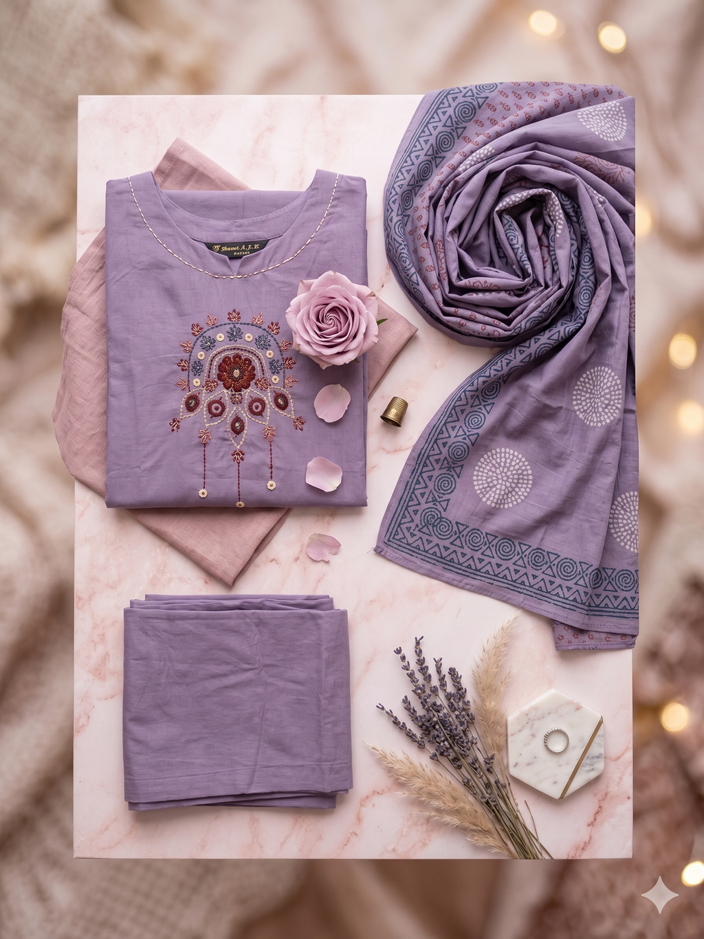 Dusky Lilac Floral Motif Embroidered Kurta Set