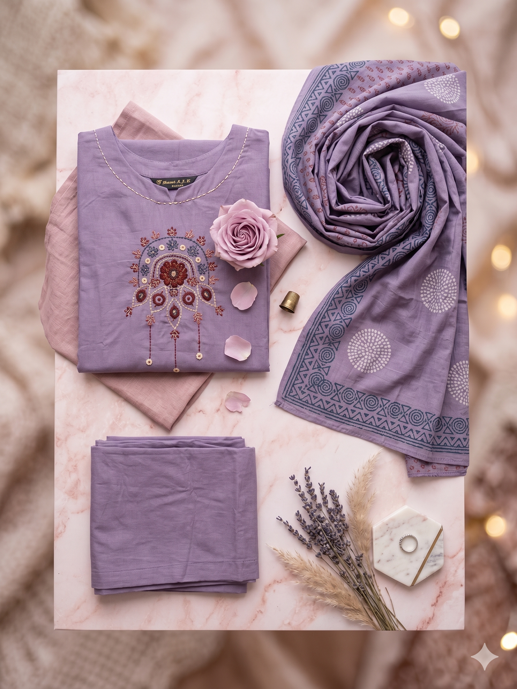 Dusky Lilac Floral Motif Embroidered Kurta Set