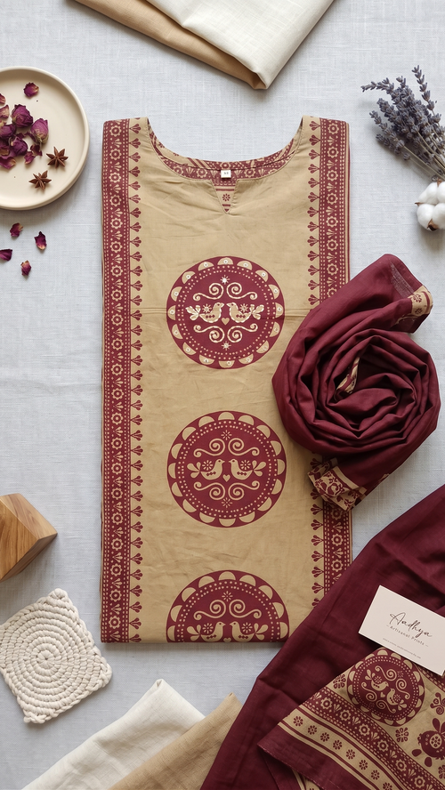 Earthy Khaki Cotton 3-Piece Ethnic Suit Set