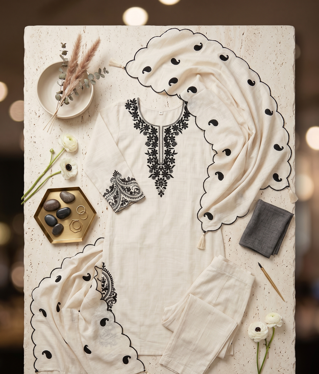Off-White and Black Embroidered Straight Kurta Set with Scalloped Dupatta