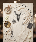 Off-White and Black Embroidered Straight Kurta Set with Scalloped Dupatta