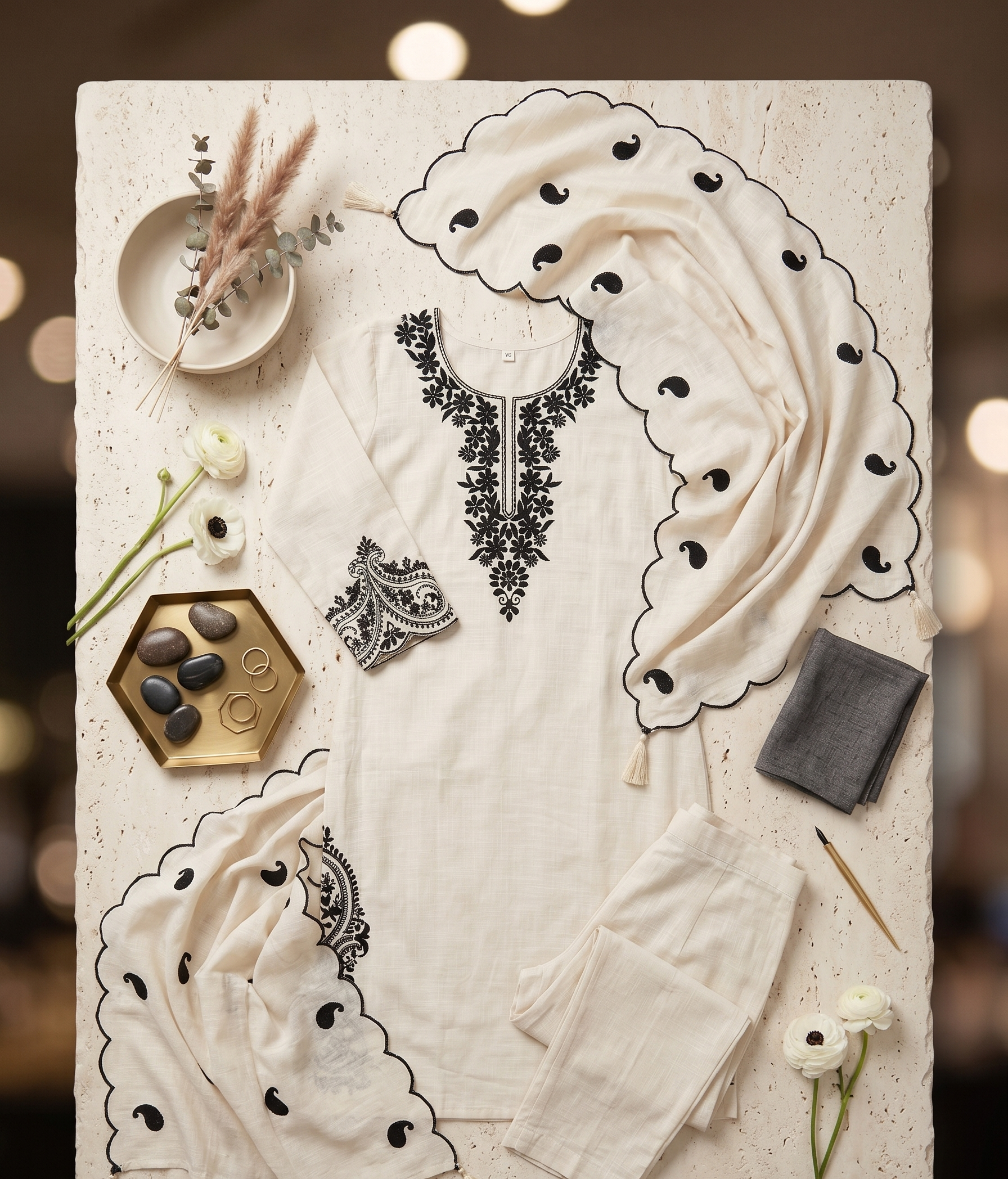 Off-White and Black Embroidered Straight Kurta Set with Scalloped Dupatta