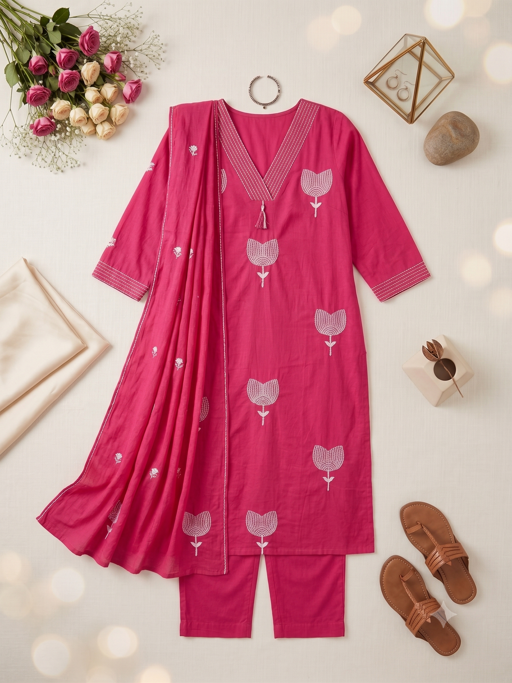 Women's Hot Pink Cotton Silk Kurta Set with Dupatta – 3-Piece Embroidered Tulip Motif Suit Set
