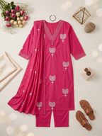 Women's Hot Pink Cotton Silk Kurta Set with Dupatta – 3-Piece Embroidered Tulip Motif Suit Set
