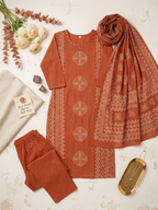 Rust Orange Block-Printed Straight Kurta Set with Dupatta