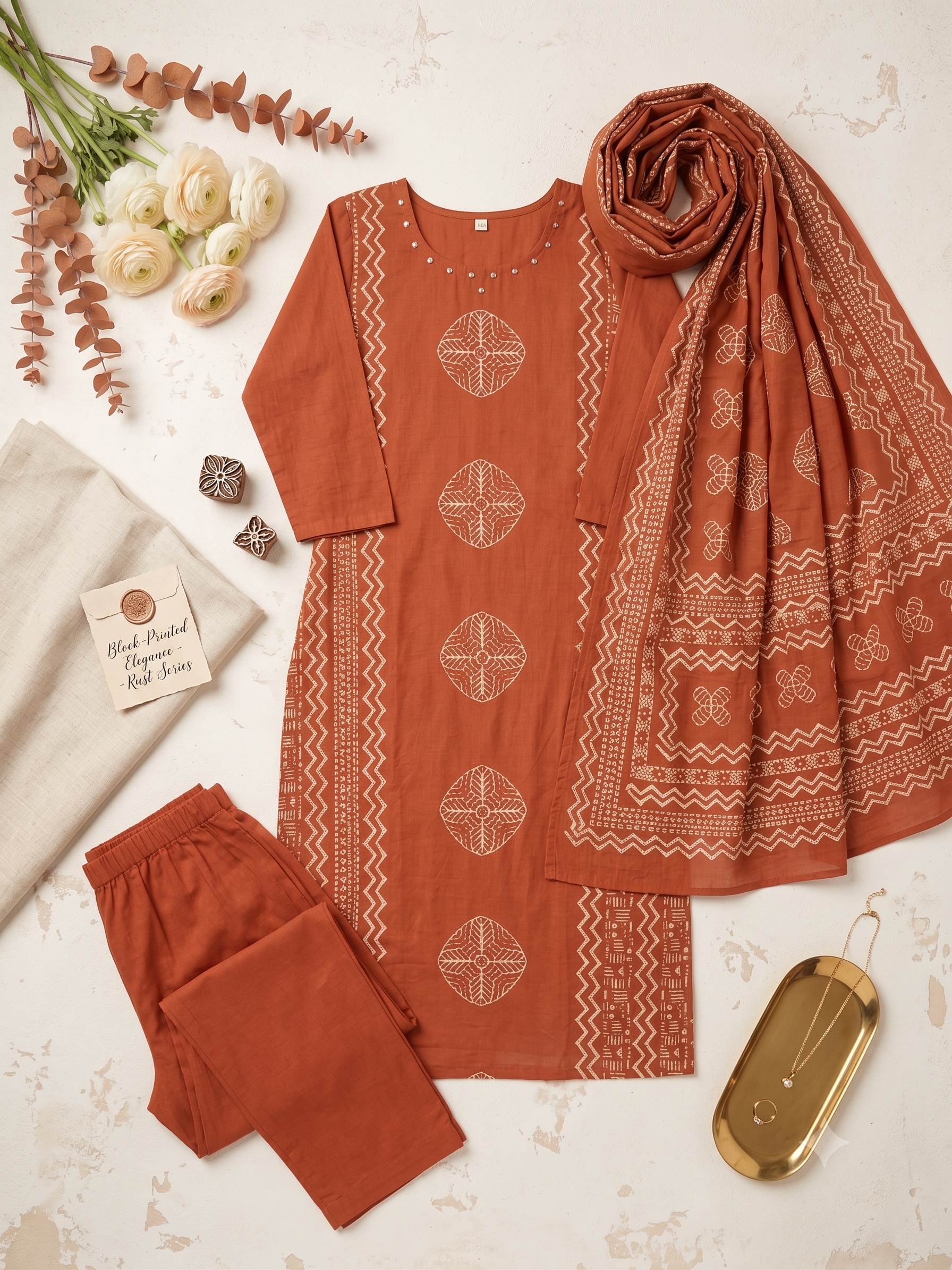 Rust Orange Block-Printed Straight Kurta Set with Dupatta