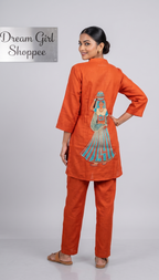 Terracotta Orange Textured Cotton Kurta Pant Set with Artistic Embroidery